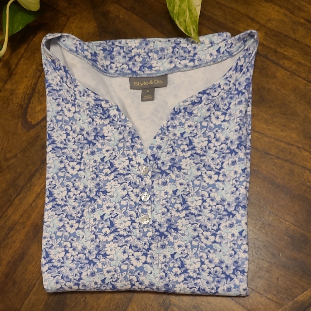 Style & Co Blue and White Floral Blouse